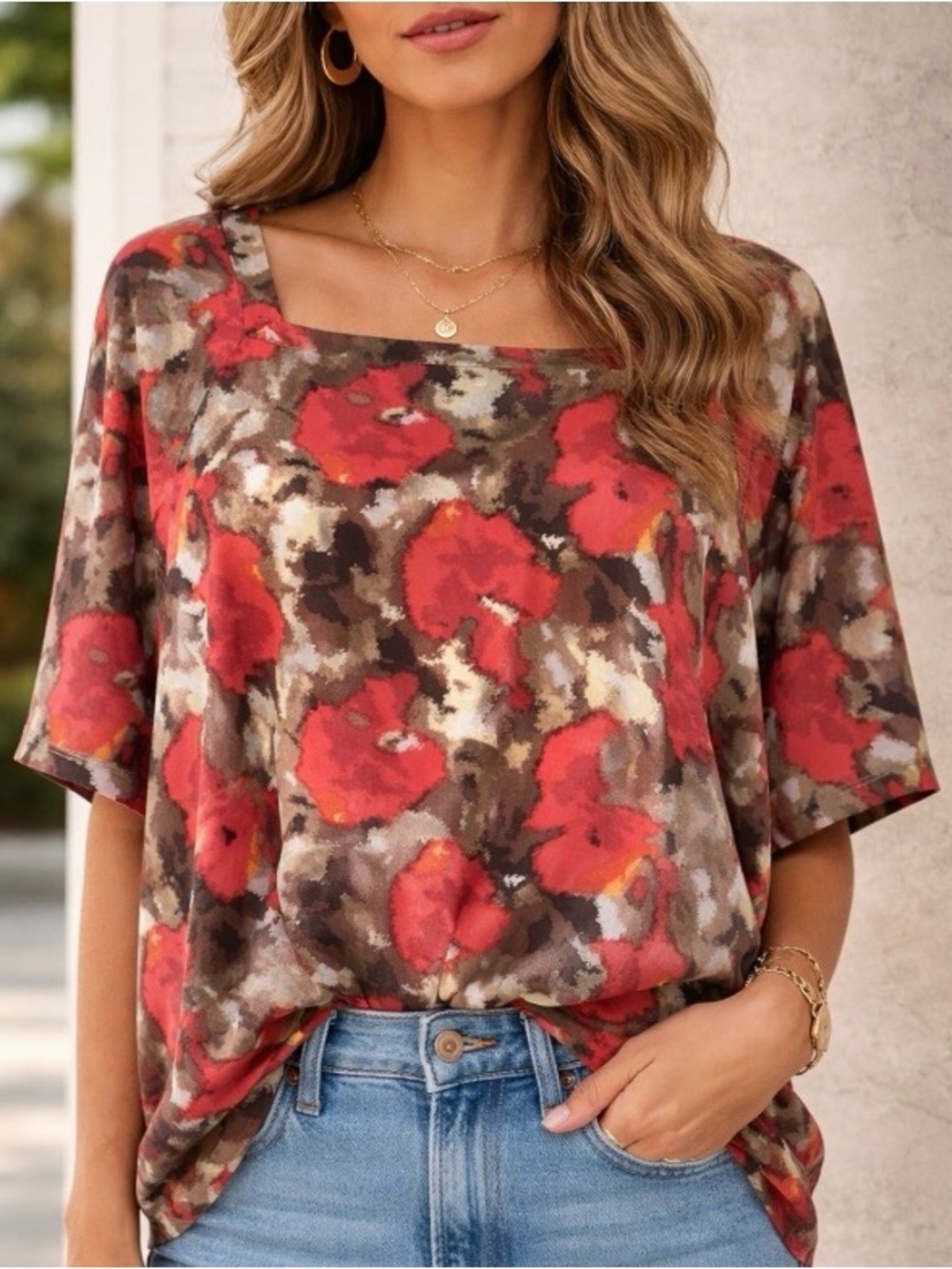 NWT!Maggie Barnes Red and Brown Floral Blouse Size 3X